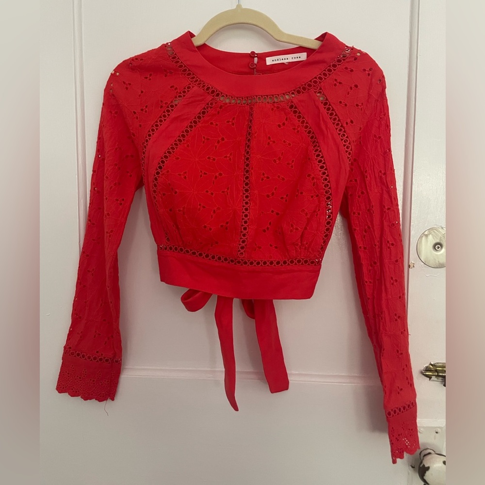 Endless Rose eyelet crop top with open back. Size small